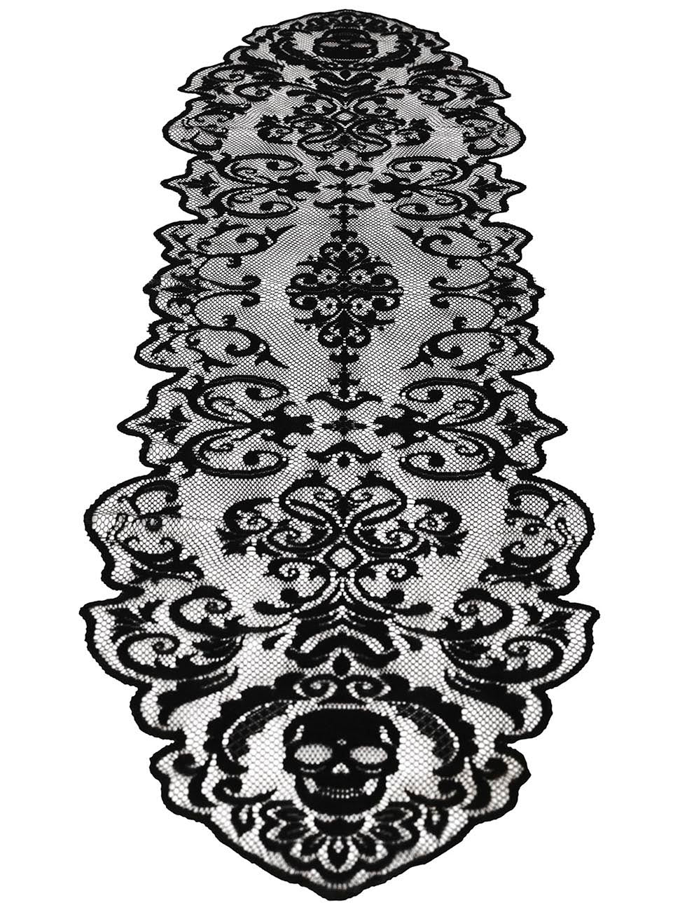 Schwarze Halloween Tischdecke Totenköpfe Spitze – 180x35 cm