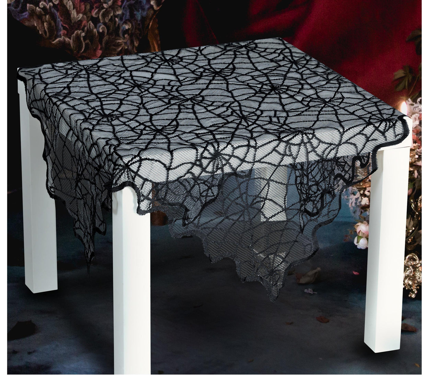 Schwarze Halloween Tischdecke Spinnennetz-Spitze – 100x75 cm