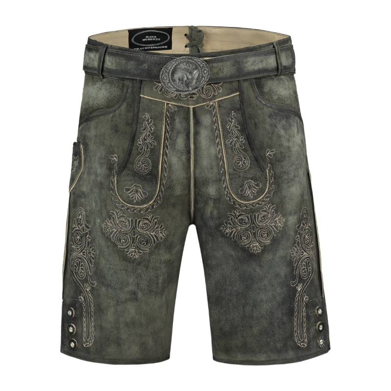 Lederhose kurz mit Gürtel, waldantik, ZIEGENLEDER