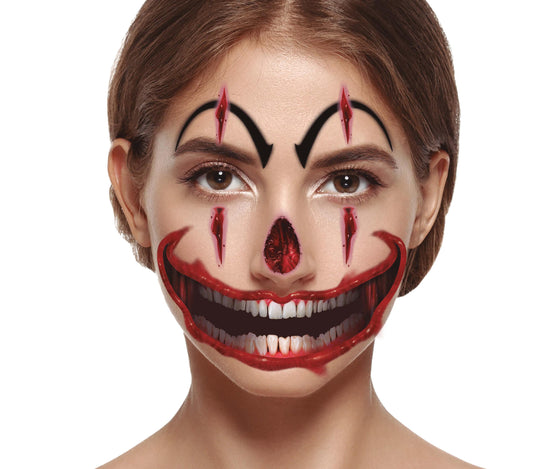 Clown Gesichts Tattoo 30x14 cm – Horror Klebe-Tattoo für Halloween