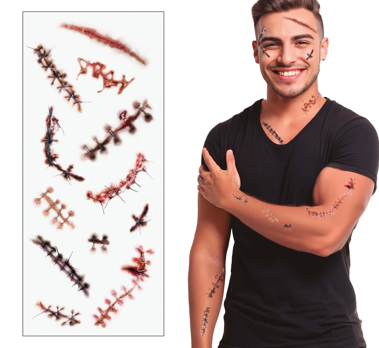 Narben Tattoo Set 30x13 cm – Realistische Horror Wunden für Halloween
