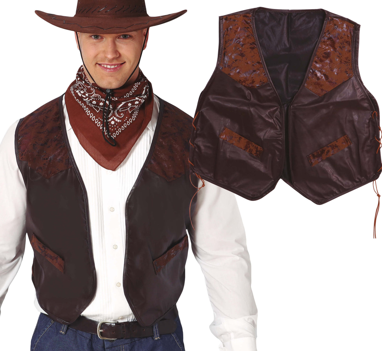 Braune Cowboy-Weste aus Kunstleder – Western Kostüm Accessoire