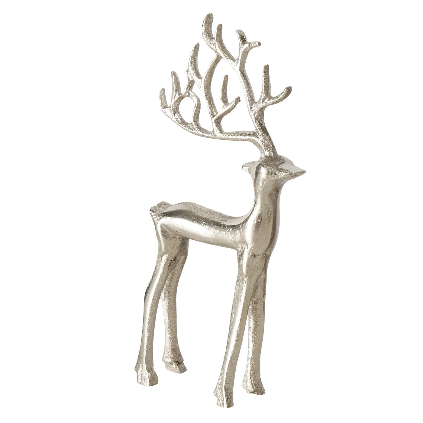 Dekorativer Hirsch aus vernickeltem Aluminium in glänzendem Silber, 19,5 cm hoch, handgearbeitet mit stabilem Standfuß