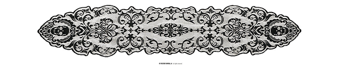 Schwarze Halloween Tischdecke Totenköpfe Spitze – 180x35 cm