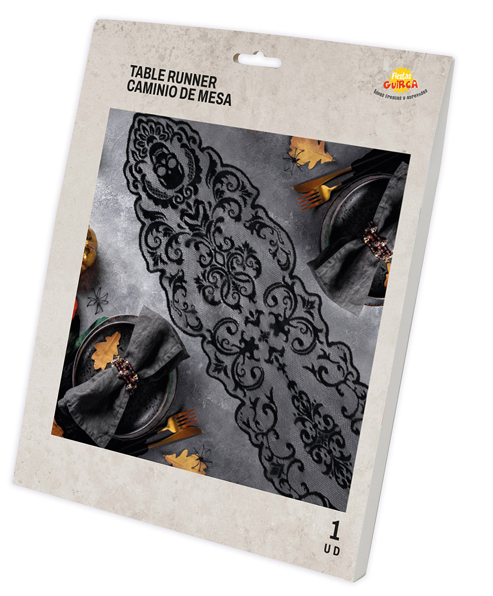 Schwarze Halloween Tischdecke Totenköpfe Spitze – 180x35 cm