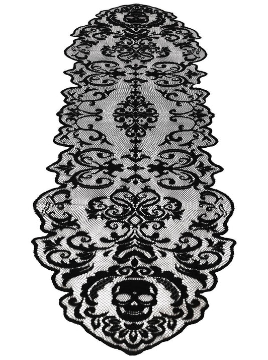 Schwarze Halloween Tischdecke Totenköpfe Spitze – 180x35 cm