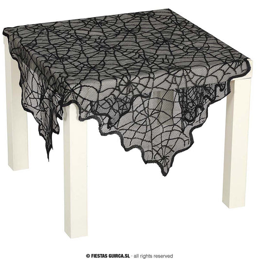 Schwarze Halloween Tischdecke Spinnennetz-Spitze – 100x75 cm