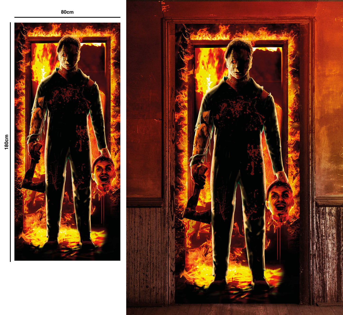 Halloween Türdeko „Killer in Flammen“ – 80x180 cm