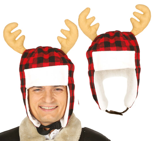 Weihnachtsmütze mit Rentiergeweih – Karomuster, 45 cm | Festliche Wintermütze