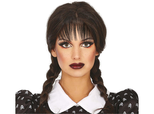 Schwarze Perücke mit Pony & zwei Zöpfen – Halloween