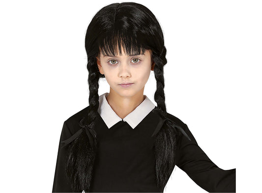 Schwarze Kinder-Perücke mit Pony & Zöpfen – Halloween