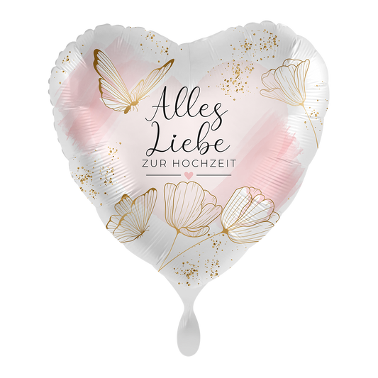 Herzballon „Alles Liebe zur Hochzeit“ mit Schmetterlingen – Ø 43 cm