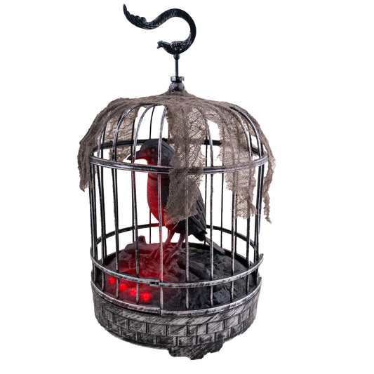 Animierte Krähe im Käfig 32 cm – Halloween Deko mit Licht, Sound & Bewegung