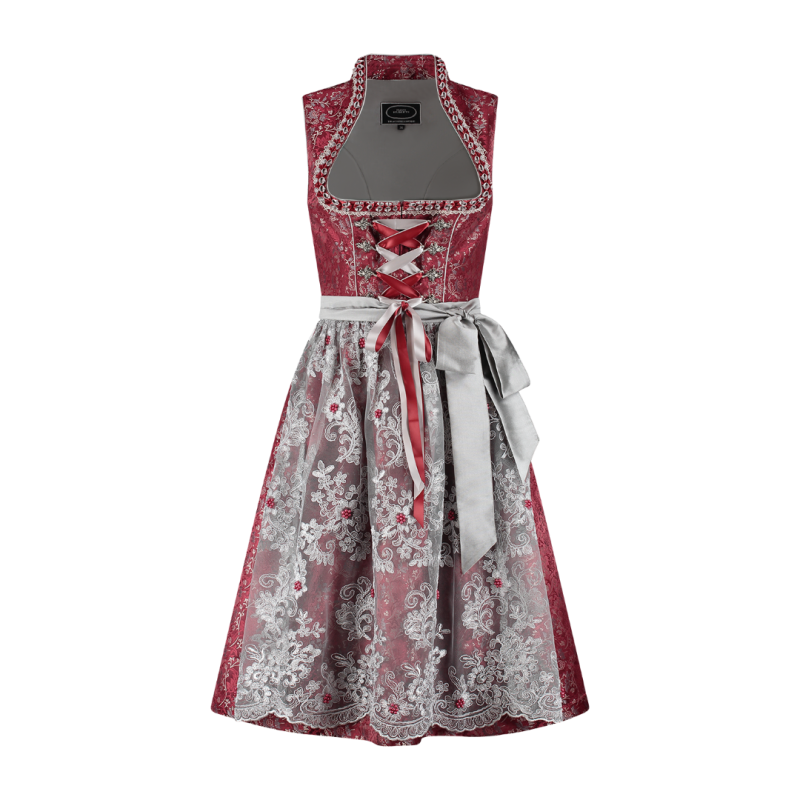 Dirndl 2-teilig Dunkelrot/Grau – Jaquard & Perlenschürze