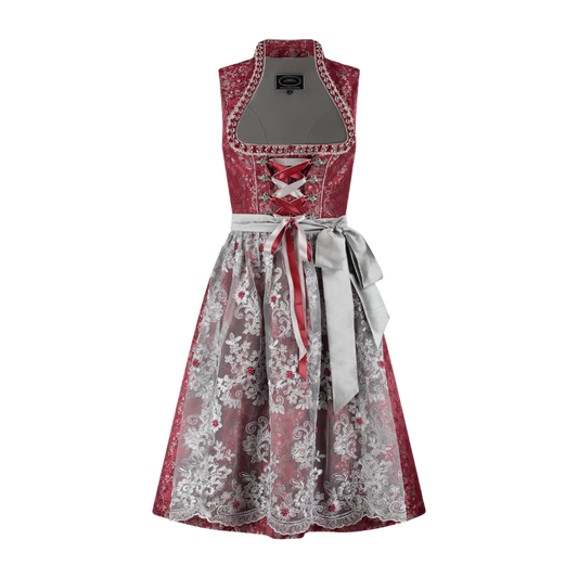 Dirndl 2-teilig Dunkelrot/Grau – Jaquard & Perlenschürze