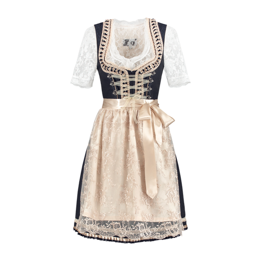 Dirndl 2-tlg., dunkelblau/creme, Spitzenschürze mit Satin