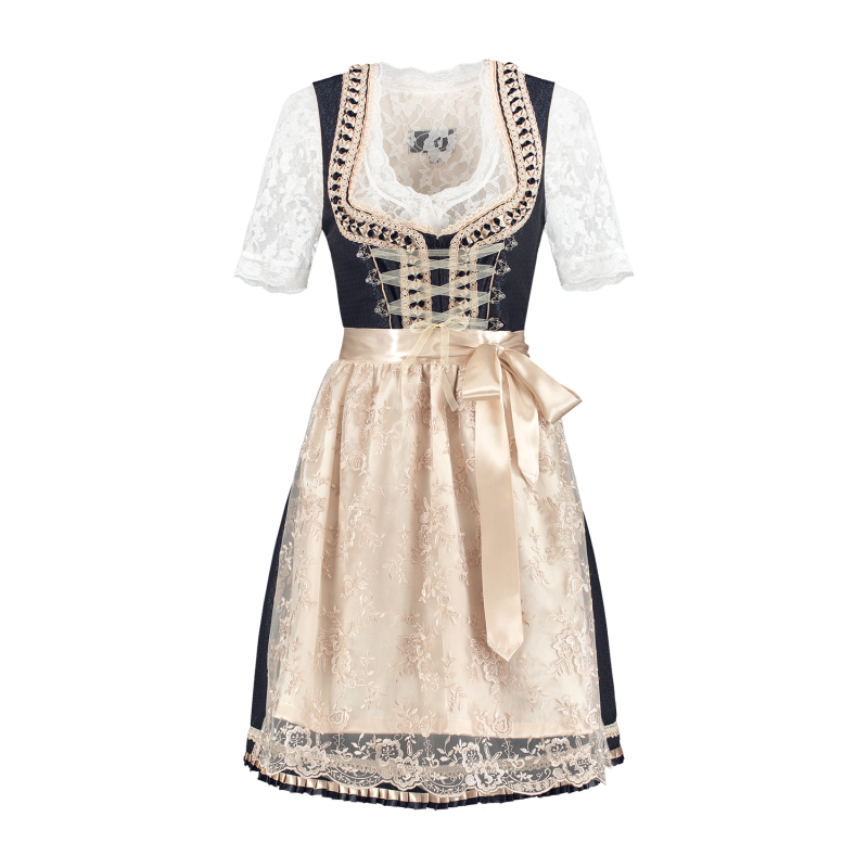 Dirndl 2-tlg., dunkelblau/creme, Spitzenschürze mit Satin