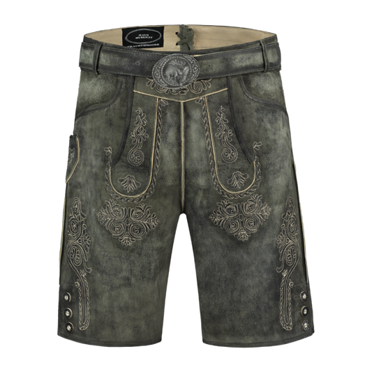 Lederhose kurz mit Gürtel, waldantik, ZIEGENLEDER